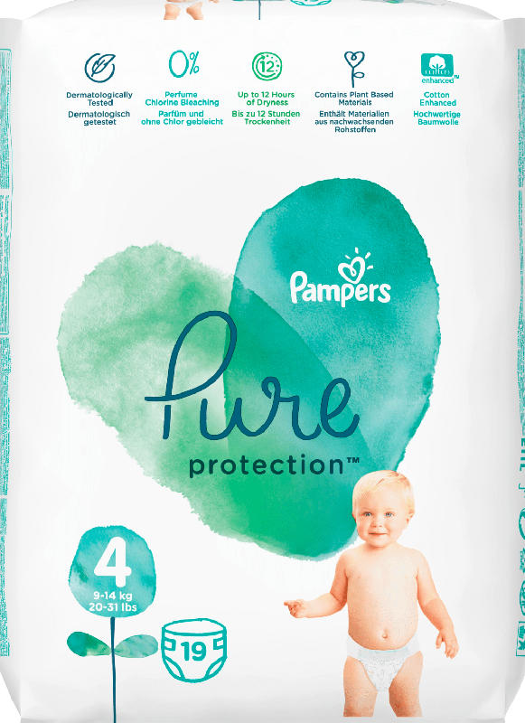 Pampers Windeln Pure Protection, Größe 4, 9-14 kg, Tragepack