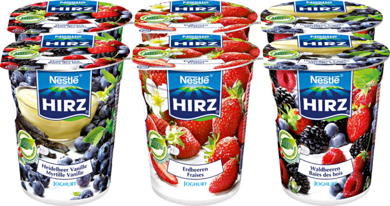 Yogourt Hirz , assortis: Myrtille-Vanille, Fraises, Baies des bois, 6 x 180 g