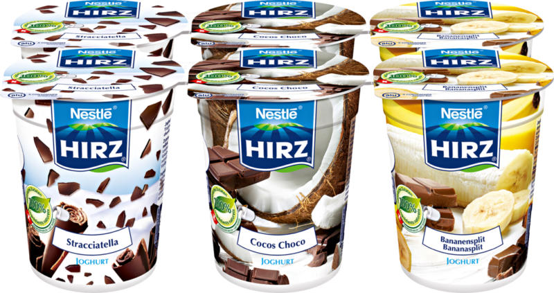 Yogourt Hirz , assortis: Stracciatella, Cocos-Choco, Banana split, 6 x 180 g