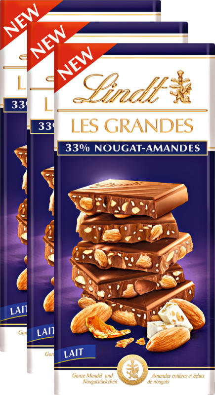 Lindt Les Grandes Tafelschokolade, Nougat-Mandeln, Milch, 3 x 150g