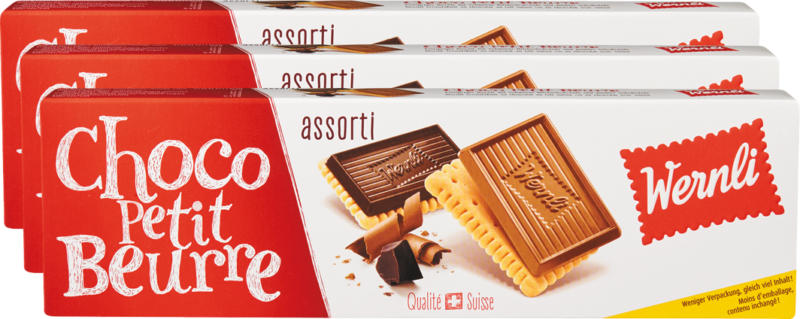 Biscuits Choco Petit Beurre Wernli, Assortis, 3 x 125 g