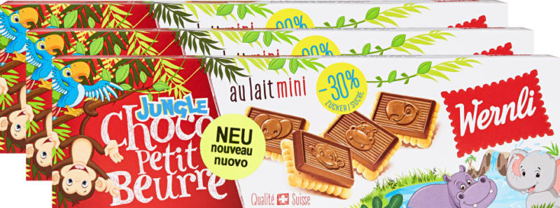 Wernli Biscuits Choco Petit Beurre mini Jungle, au lait, 3 x 125 g