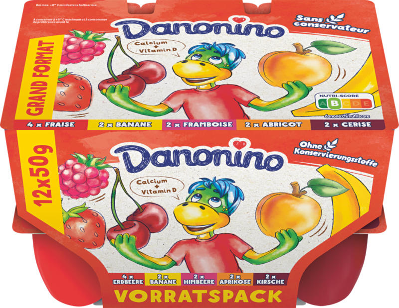 Quark alla frutta Danonino Danone, assortiti: Fragola, Banana, Lampone, Albicocca, Ciliegia, 12 x 50 g