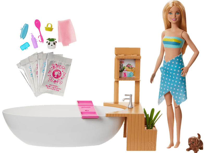 BARBIE Wellnesstag Puppe Sprudelndes Bad, Anziehpuppe (blond), Barbie Badewanne Puppenset, Mehrfarbig