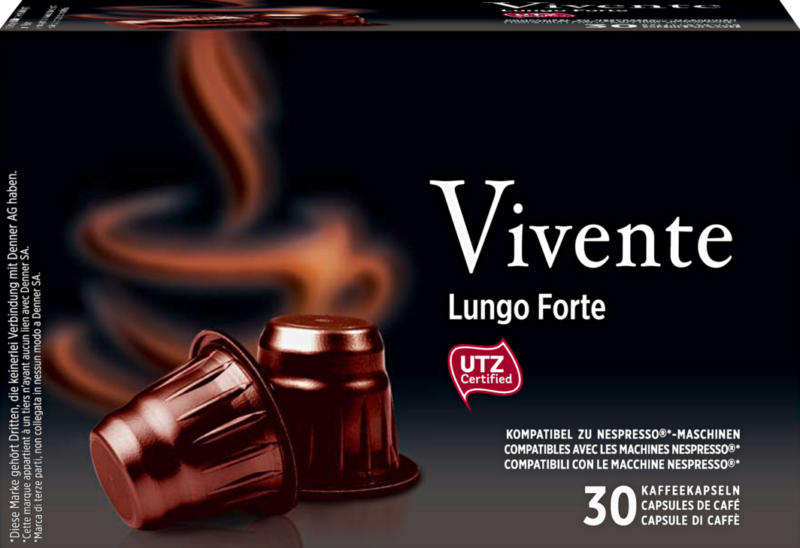Denner Kaffeekapseln Vivente, Lungo Forte, kompatibel zu Nespresso®-Maschinen, 30 Kapseln
