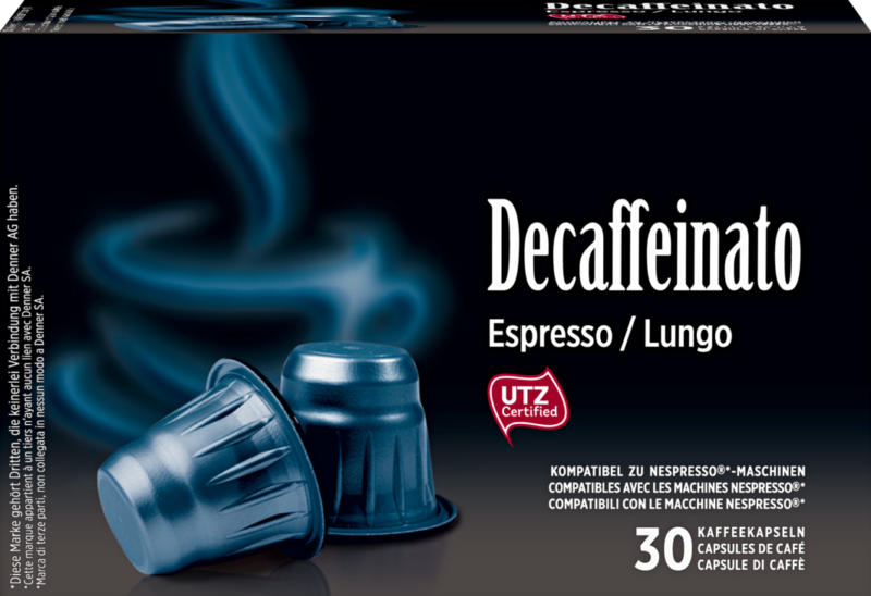 Capsules de café Decaffeinato Denner, Espresso/Lungo, compatibles avec les machines Nespresso®, 30 capsules