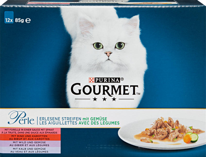 Purina Gourmet Perle Katzenfutter, Erlesene Streifen mit Gemüse, assortiert, 2 x 12 x 85 g