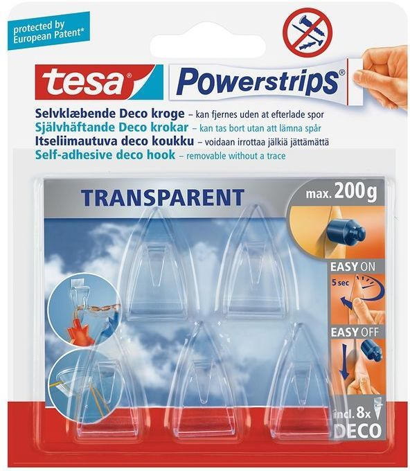 TESA Powerstrips selbstklebende Deko-Haken 5 Stück transparent