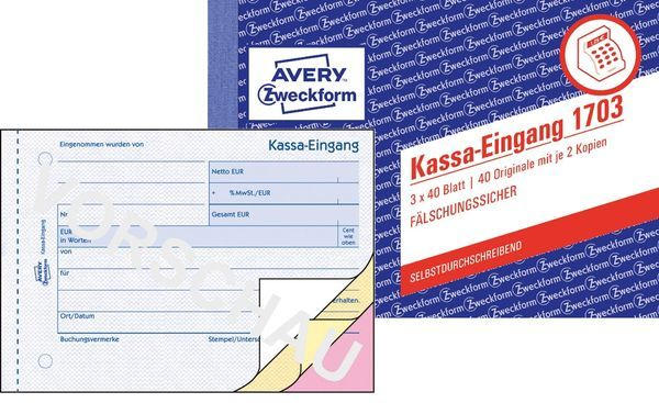 AVERY Zweckform Kassa Eingangsbuch 3x 40 Bl. ”1703” DIN A6 quer weiß