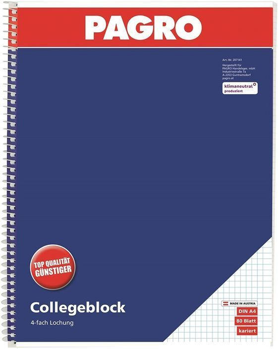 PAGRO Collegeblock A4 80 Blatt kariert 2 Stück