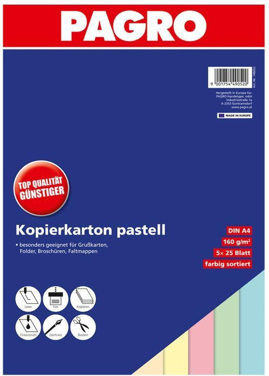 PAGRO Kopierkarton A4 160 g pastell mehrere Farben