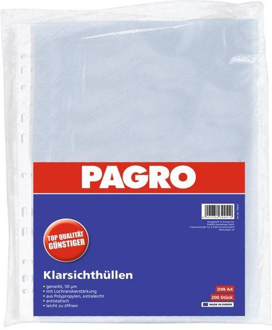 PAGRO Klarsichthülle A4 extradünnes Material 200 Stück genarbt