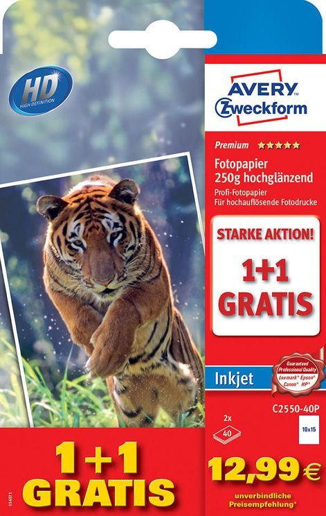 AVERY Zweckform Inkjet Fotopapier Premium ”C2550-40P” 1+1 gratis DIN A6 2x40 Blatt 250 g weiß