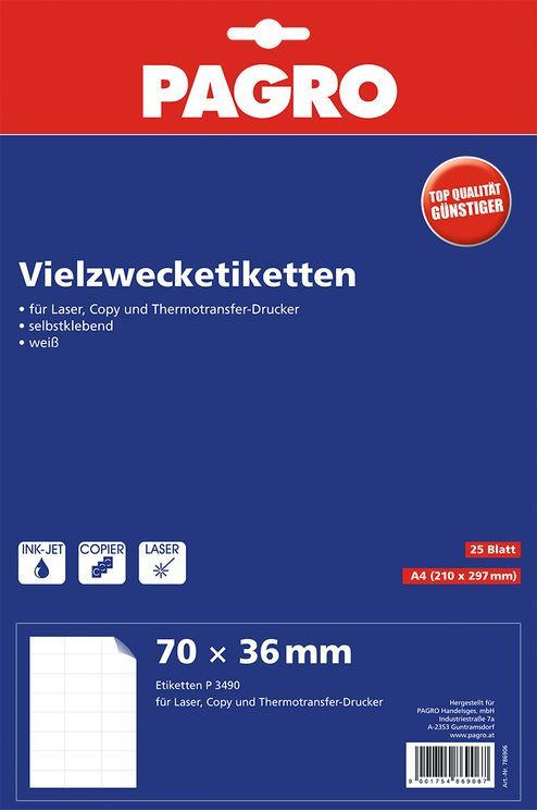 PAGRO Etiketten 70 x 36 mm ”P3490” 25 Blatt weiß