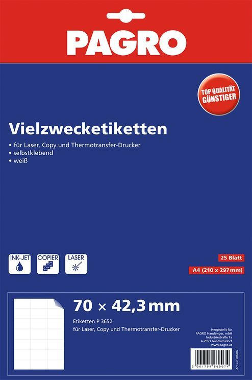 PAGRO Etiketten 70 x 42,3 mm ”P3652” 25 Blatt weiß