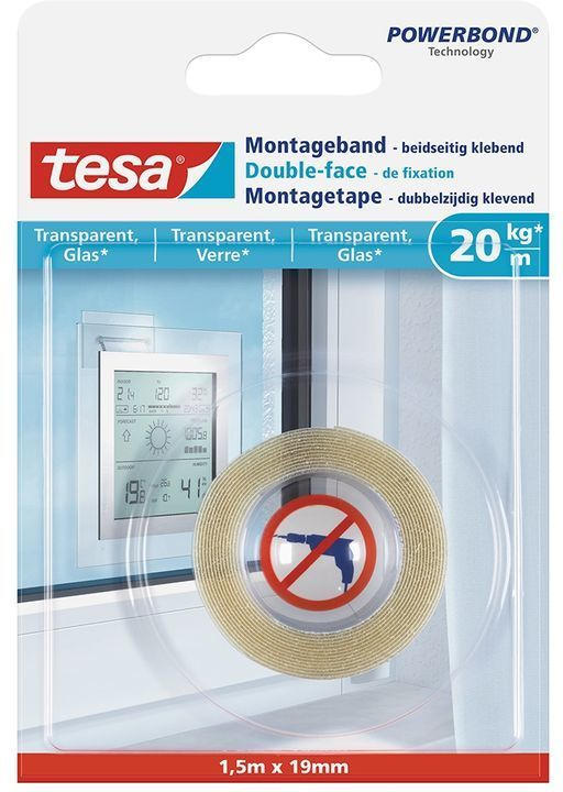 TESA doppelseitiges Montageband für Glas 1,5 m x 19 mm transparent