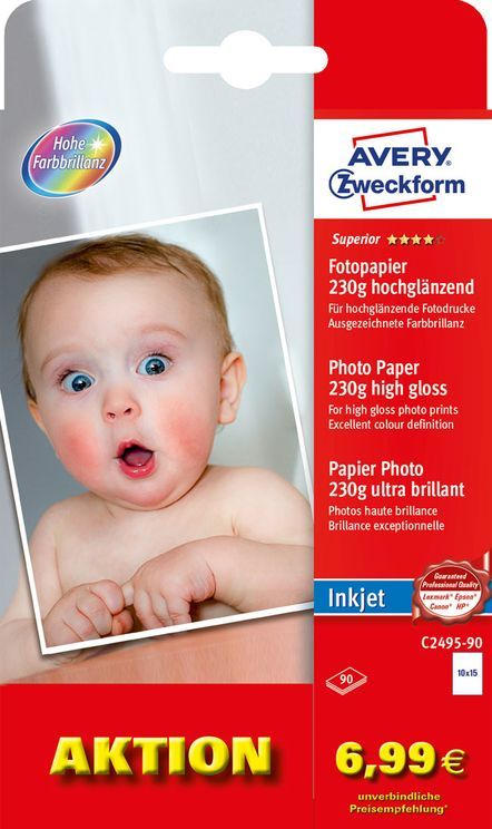 AVERY ZWECKFORM Inkjet Fotopapier Superior 10 x 15 cm 230 g 90 Blatt weiß