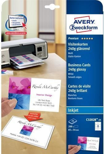 AVERY Zweckform Premium Visitenkarten 200 Stk. ”C32028-25” 8,5 x 5,4 cm 240 g glänzend weiß