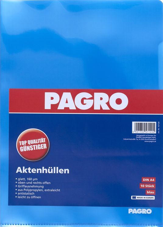 PAGRO Aktenhüllen A4 glatt extrastarkes Material 10 Stück blau