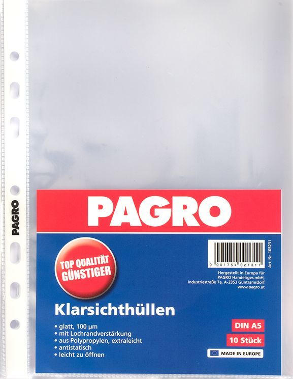 PAGRO Klarsichthülle A5 mittelstarkes Material 10 Stück transparent