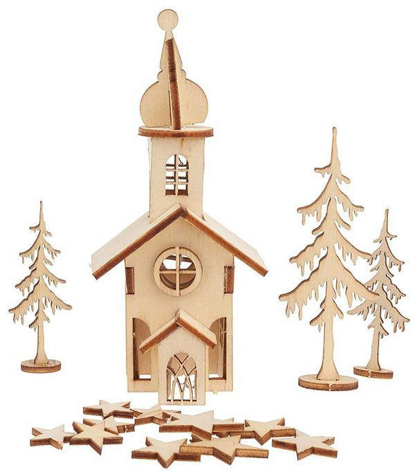 RAYHER Holzbausatz ”Weihnachtskirche” 37 Teile natur