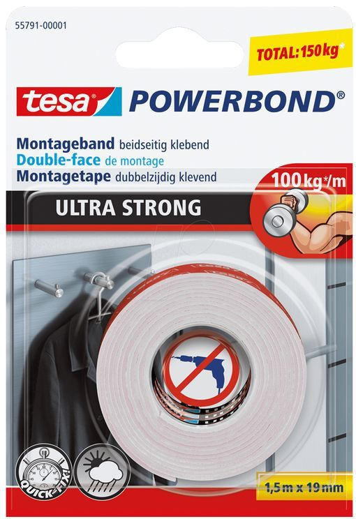 TESA doppelseitiges Montageband "Ultra Strong" 1,5 m x 19 mm weiß