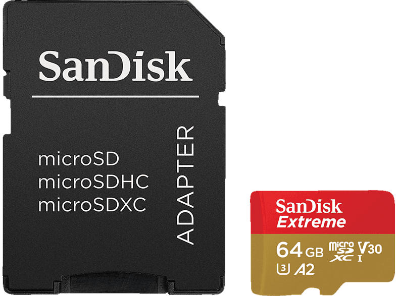 SanDisk 183534 microSDXC Extreme 64GB (A2/V30/U3/UHS-I/C10/W60/R160)+Ad. Act.Cam&Drones; Speicherkarte