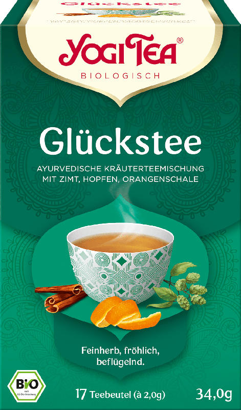 YOGI TEA Ayurvedische Kräuterteemischung, Glücks Tee, mit Zimt, Hopfen & Orangenschale (17 x 2 g)