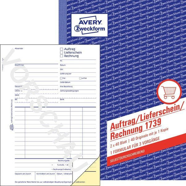 AVERY ZWECKFORM Auftrags-, Lieferschein- und Rechnungsbuch ”1739” DIN A5 2 x 40 Blatt weiß