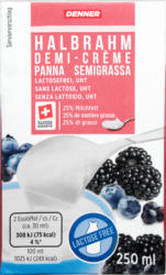 Demi-crème Denner , sans lactose, UHT, 25% de matière grasse, 250 ml