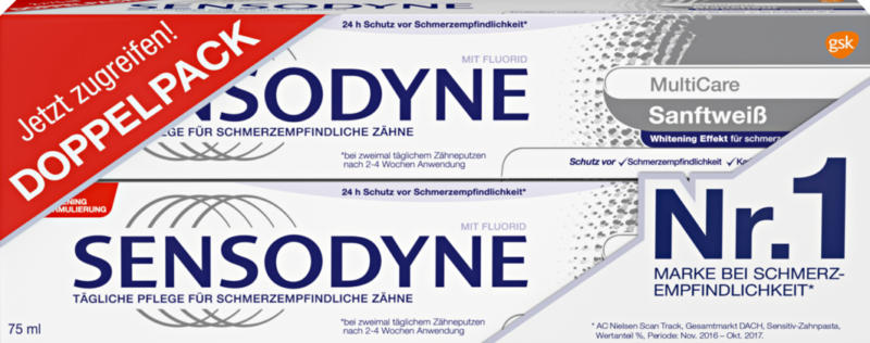 Dentifrice Multicare Sensodyne, Soin Blancheur, 2 x 75 ml