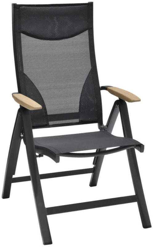 Gartenklappsessel in Holz, Metall, Textil Anthrazit, Naturfarben, Schwarz