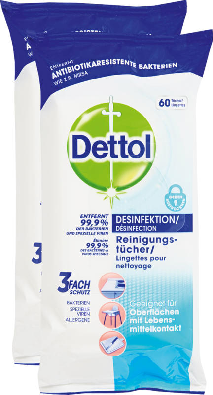 Salviette detergenti disinfettanti Dettol, 2 x 60 pezzi