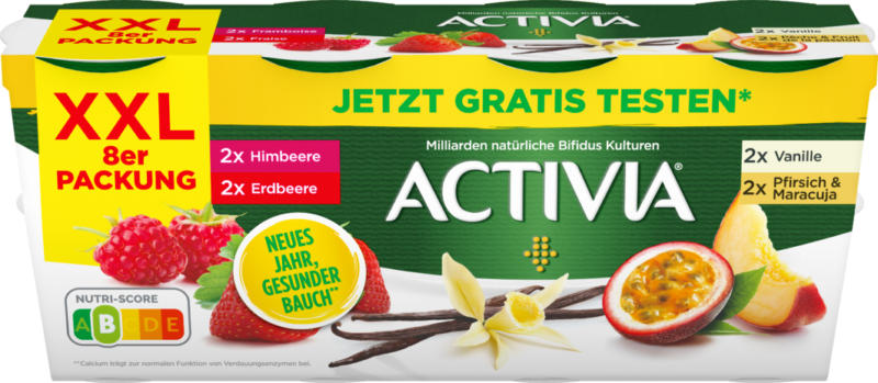 Yogurt probiotico Activia Danone, assortiti: Lampone, Fragola, Vaniglia, Pesca & Frutto della passione, 8 x 115 g