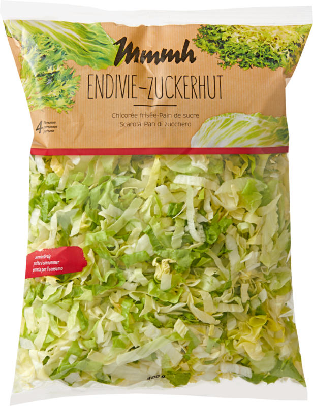 Salade mêlée Chicorée frisée-Pain de sucre Mmmh, prête à consommer, provenance indiquée sur l’emballage, 400 g