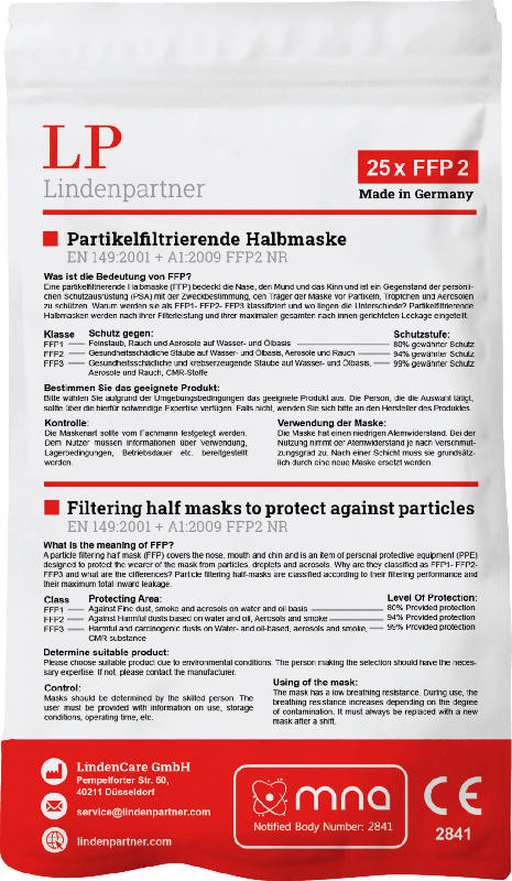 Lindenpartner FFP2 Atemschutzmaske für Erwachsene, Einweg