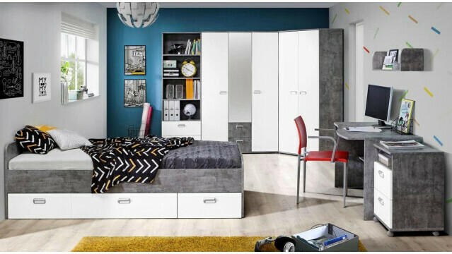 Eck-Kleiderschrank Emily Betonoptik lichtgrau/weiß matt