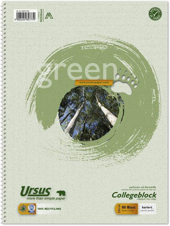 URSUS GREEN Collegeblock A4 ”Recycling” 80 Blatt kariert