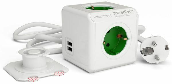 Steckdosenwürfel ”PowerCube” mit 4 Steckplätzen und 2 USB-Anschlüssen weiß/grün