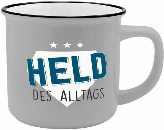 Porzellantasse in Emailleoptik "Held des Alltags" 0,35 Liter grau