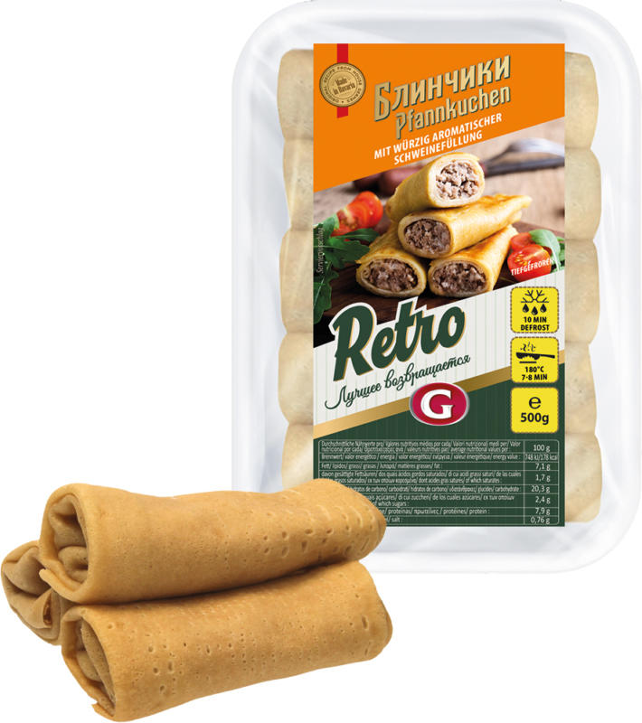 Pfannkuchen mit gebratener Schweinefleischfuellung, tiefgefroren