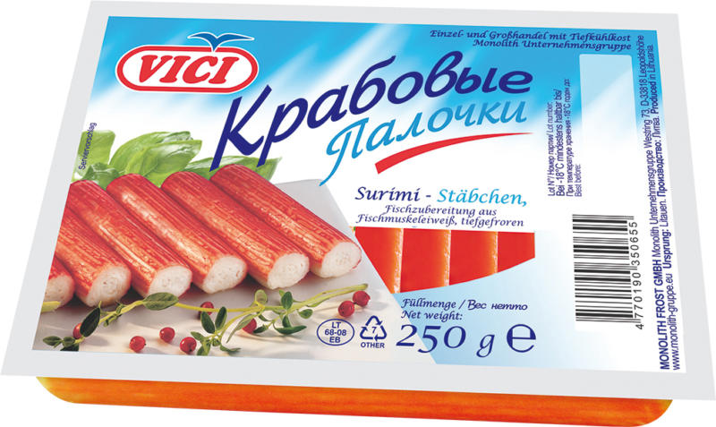 Surimi Stäbchen / Krabbenfleischimitat aus Fischmuskeleiweiß, tiefgefroren