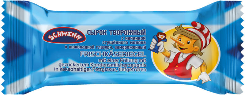 Frischkäseriegel mit einer Füllung mit gezuckertem Kondesmilcherzeugnis in kakaohaltiger Fettglasur, tiefgefroren