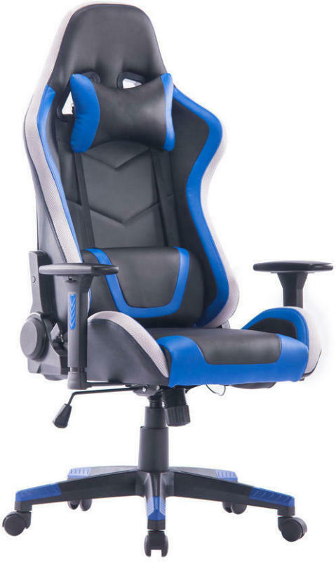 Gamingstuhl in Lederlook, Netzbespannung Blau, Schwarz, Weiß