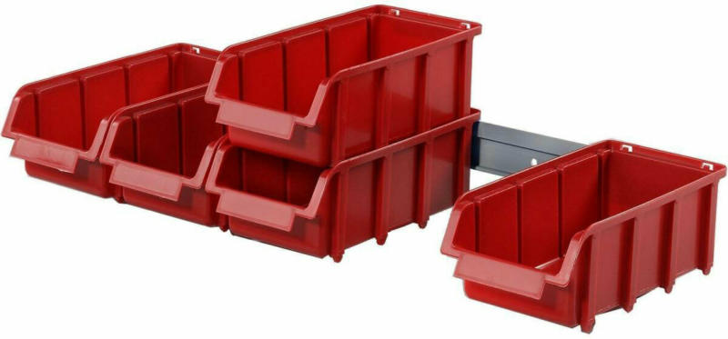 Sichtlagerkasten-Set „Visus 2L“, mit 5m Schiene, rot, 6-teilig