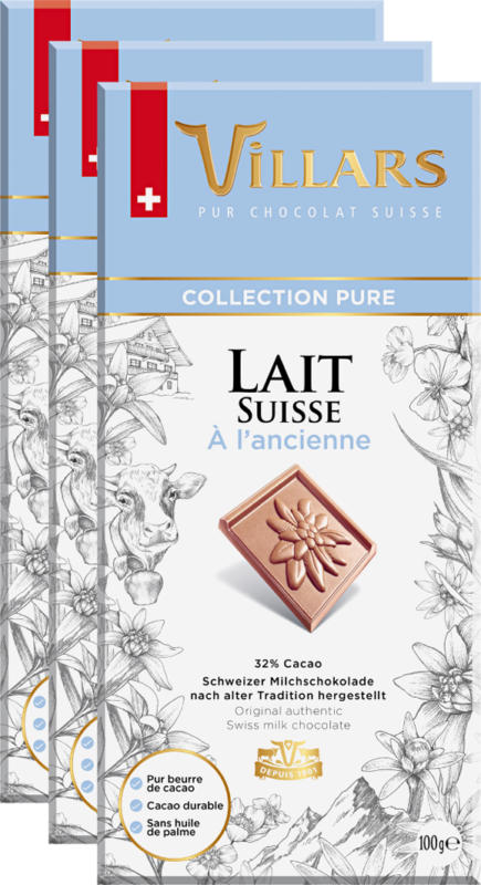 Villars Pur Tafelschokolade Milch, 3 x 100 g