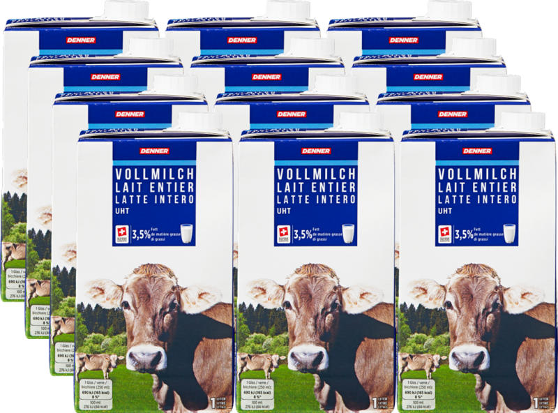 Latte intero Denner, UHT, 3,5% di grassi, 12 x 1 litro