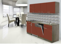 Küchenzeile Economy mit Geräten 195 cm Rot/Eiche Dekor Modern