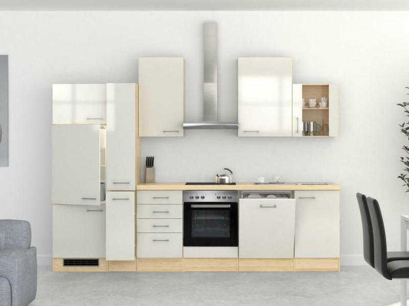 Küchenzeile Abaco mit Geräten 310 cm Perlmutt/Akazie Modern