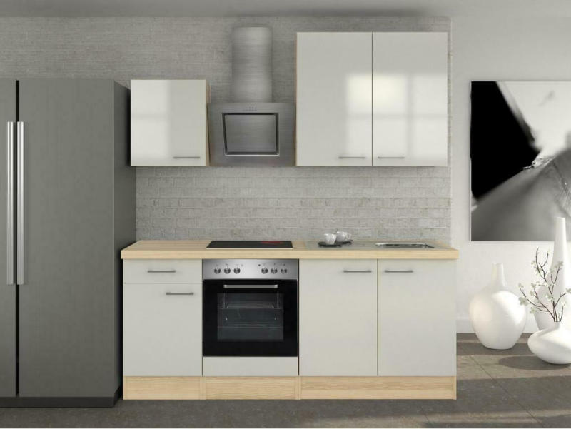 Küchenzeile Abaco mit Geräten 210 cm Perlmutt/Akazie Modern